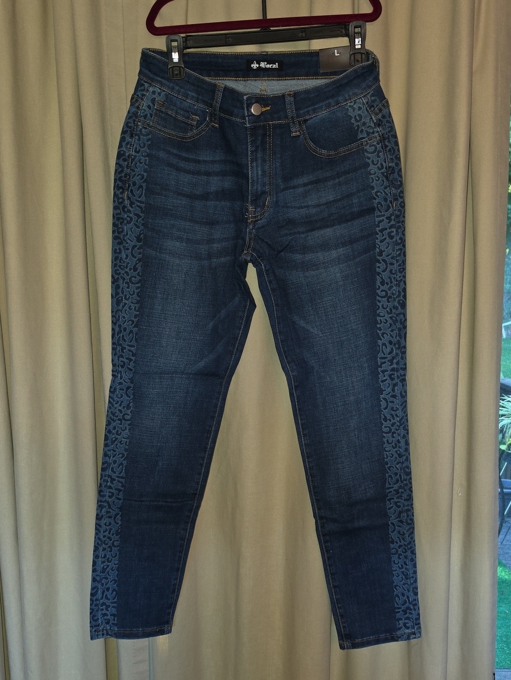 Vocal Womens Dark Blue Stretchy Skinny Jeans W/ Leopard Print Side Panels Large